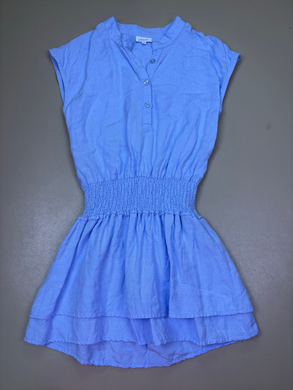 Pleat Girls Blue Smocked Waist Button Front Tiered Dress Size 8 EUC